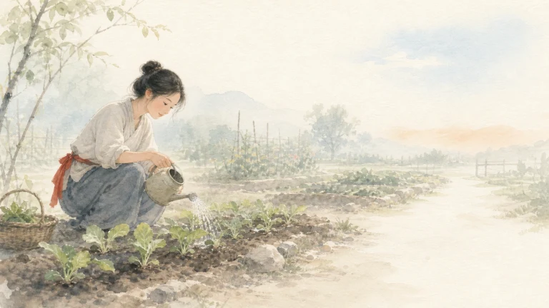 女子蹲在水彩乡野菜畦中播种幼苗