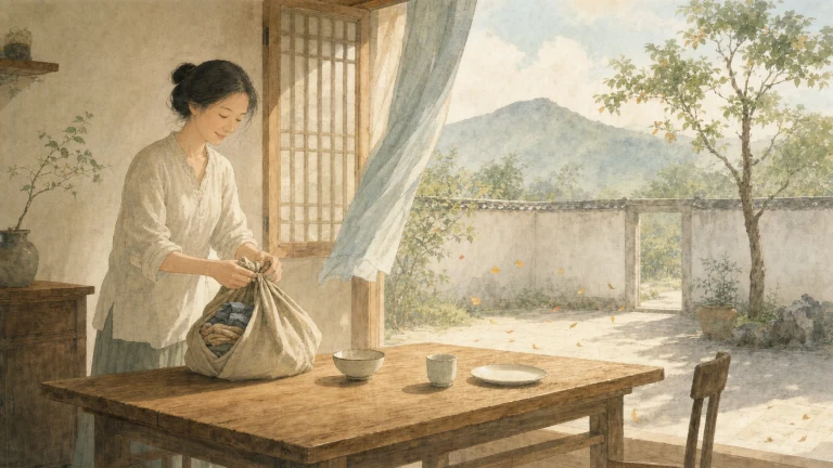 女子在水彩山景窗边的木桌上熨整布料