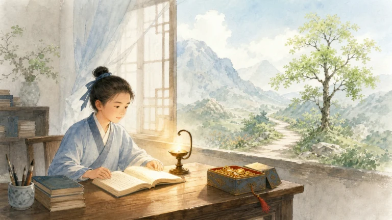 女子在山景窗边借灯阅读，桌上放着书盒