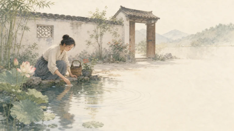 女子蹲在荷花庭院池边清洗手中物品