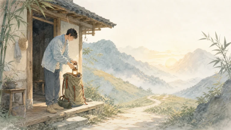 男子在水彩山间小屋门口帮助背包旅人整理行囊