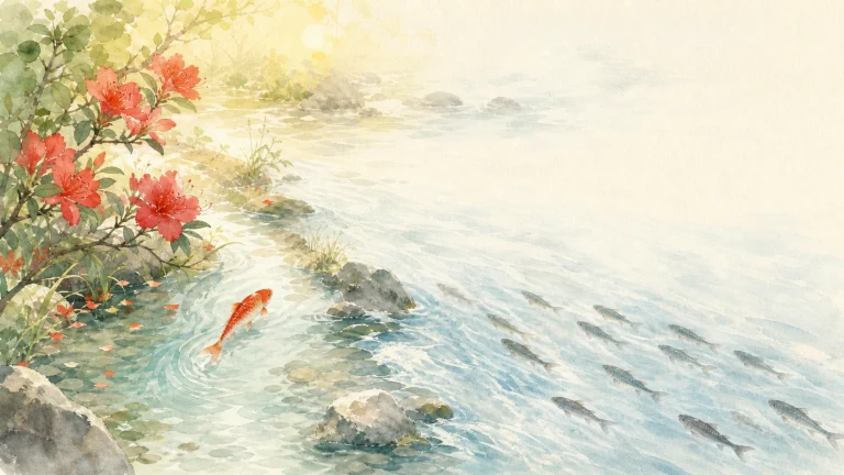 一尾红色锦鲤逆着水彩溪流游过花岸