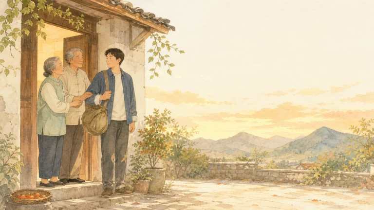 两名男子在夕阳山村门口向老人递出竹篮