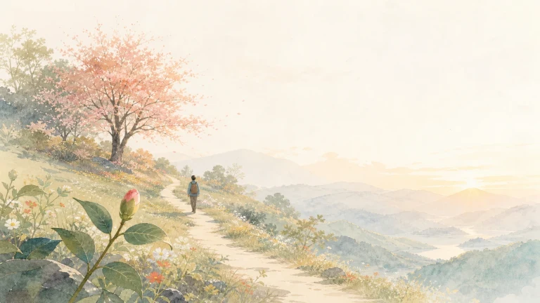 一枚红色花苞生长在通往夕阳山谷的小径旁