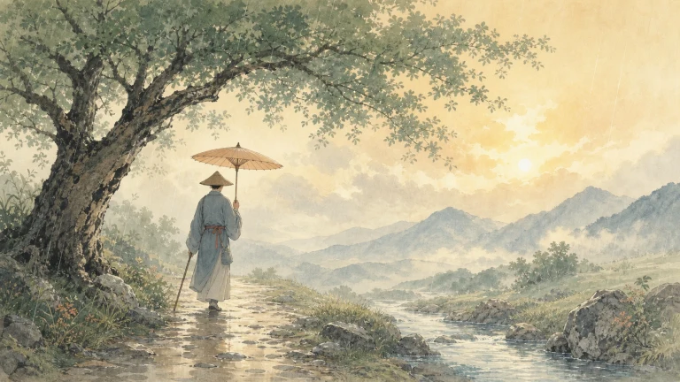 撑伞旅人走在夕阳群山间的水彩小径