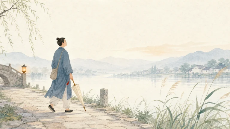 蓝衣男子持伞杖漫步在水彩湖畔村路