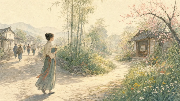 古装女子站在水彩山村岔路口观察远去行人