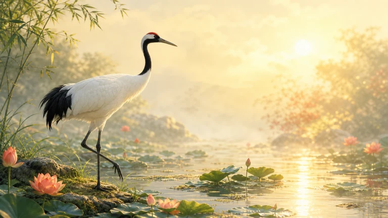 一只丹顶鹤站在夕阳荷塘浅水中