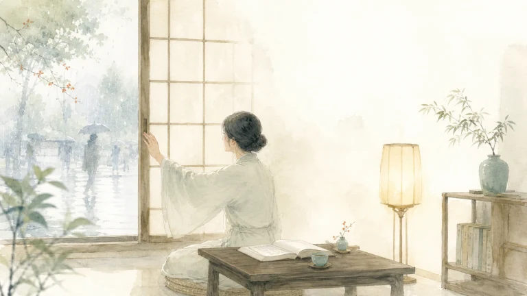 女子坐在水彩窗边望向院外来访的人影