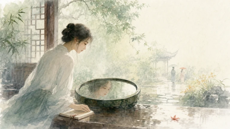 女子在水彩庭院水池旁清洗大盆中的食材