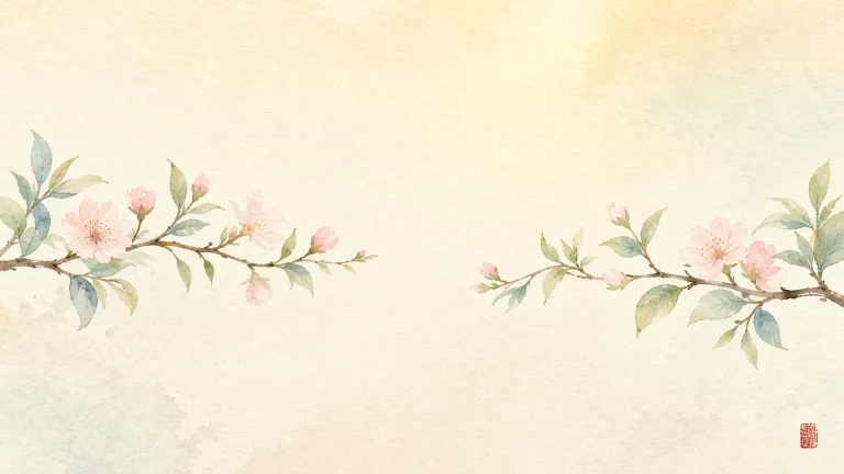 粉白花枝从两侧伸入淡雅水彩画面