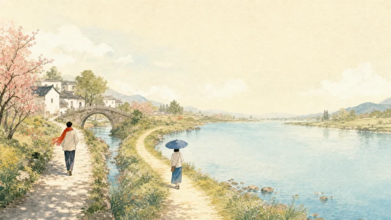 两名行人分别沿水彩河岸两条小路前行