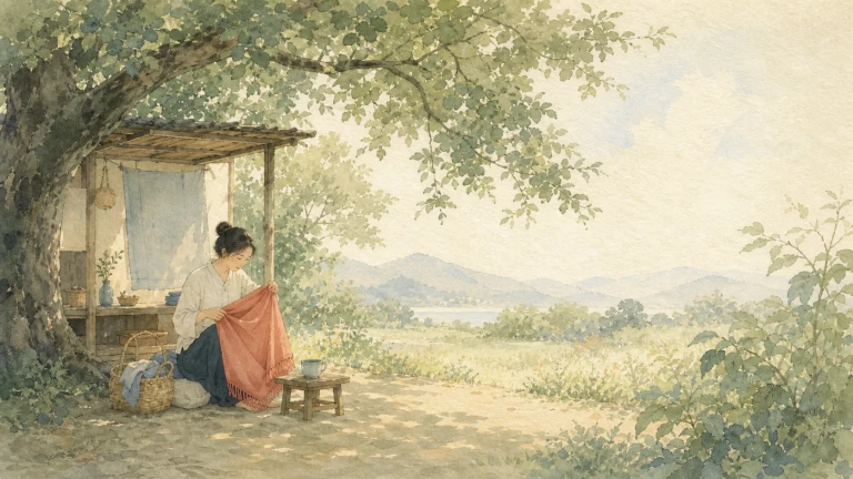 女子坐在树荫水彩小屋外眺望山谷