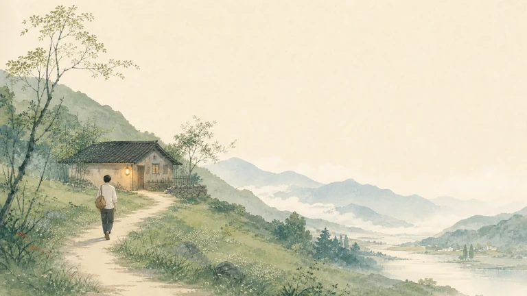 独行者沿水彩山村小路走向远处群峰