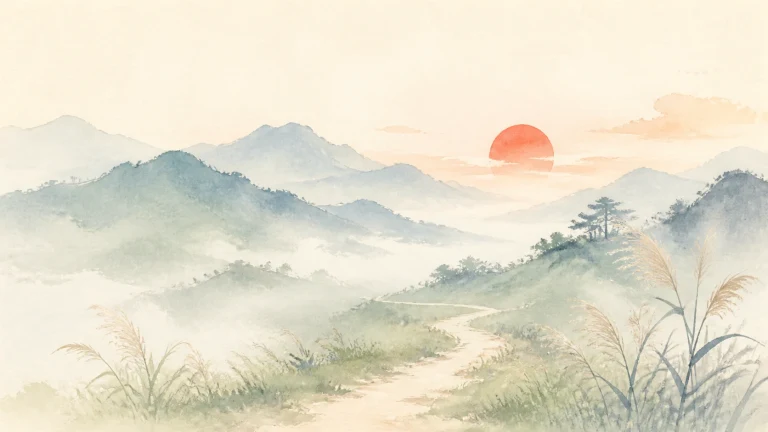 水墨群山与红日笼罩一条通往远方的小路