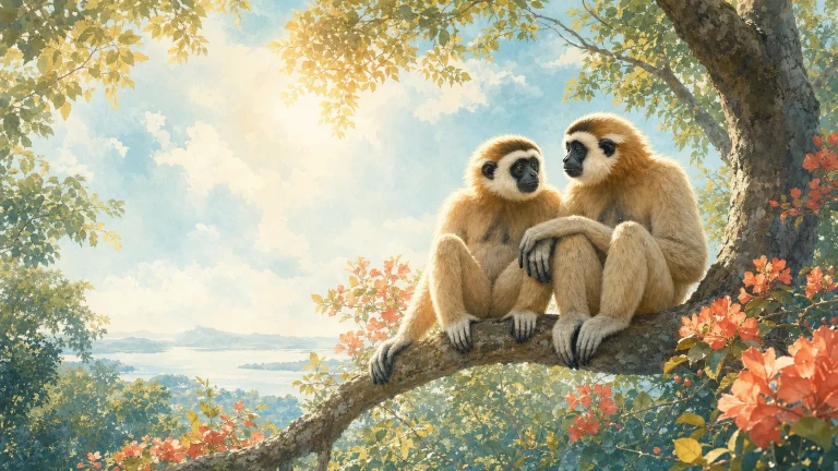 长臂猿母子依偎坐在繁花森林树枝上