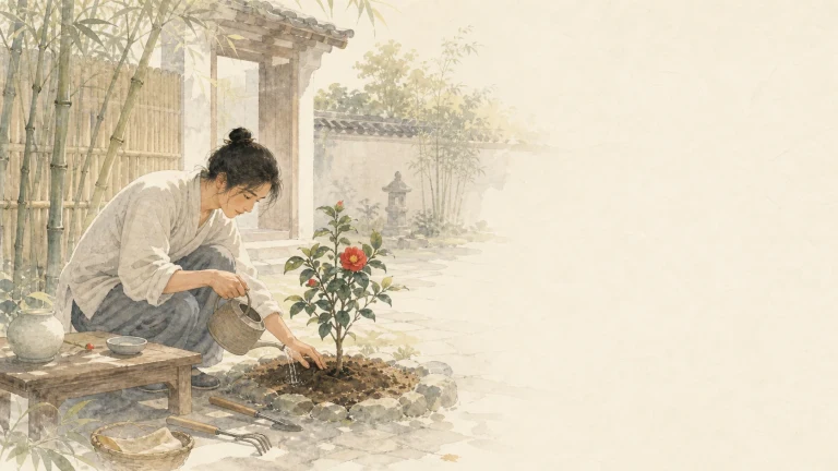 女子蹲在水彩竹院中栽种红花灌木