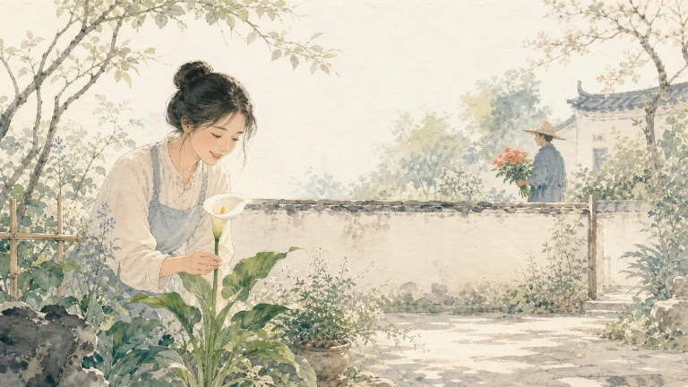女子在水彩庭院花丛中俯身欣赏白花