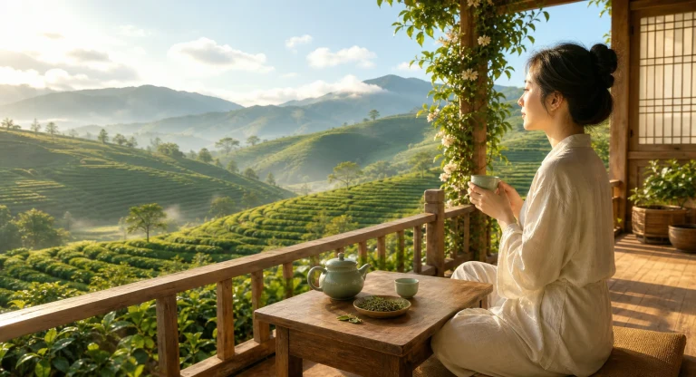 女子坐在阳光茶园露台捧杯眺望山景