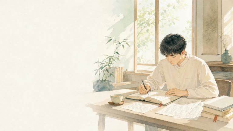 年轻人在明亮水彩书房伏案书写