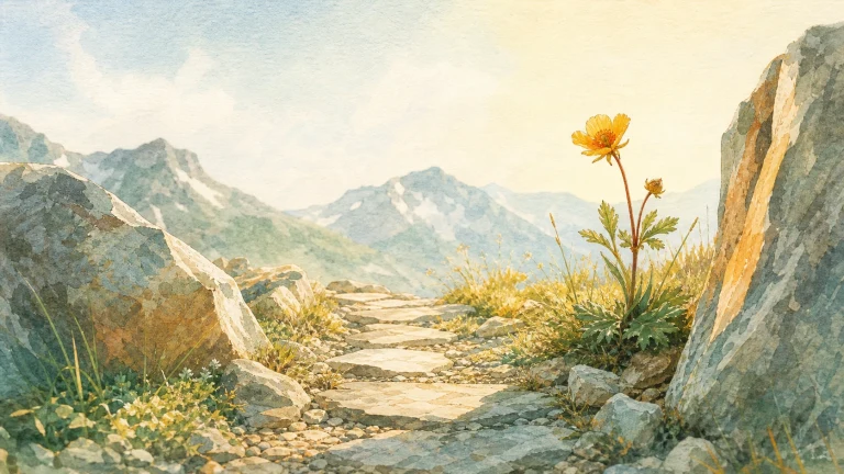 一朵黄色小花生长在水彩高山石径旁
