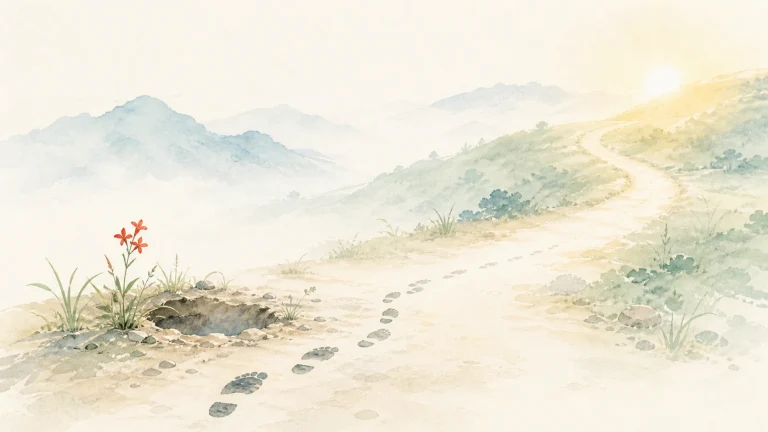脚印沿水彩山间小路延伸向晨光远峰
