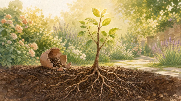 幼树从破裂花盆旁的土壤中长出深扎根系
