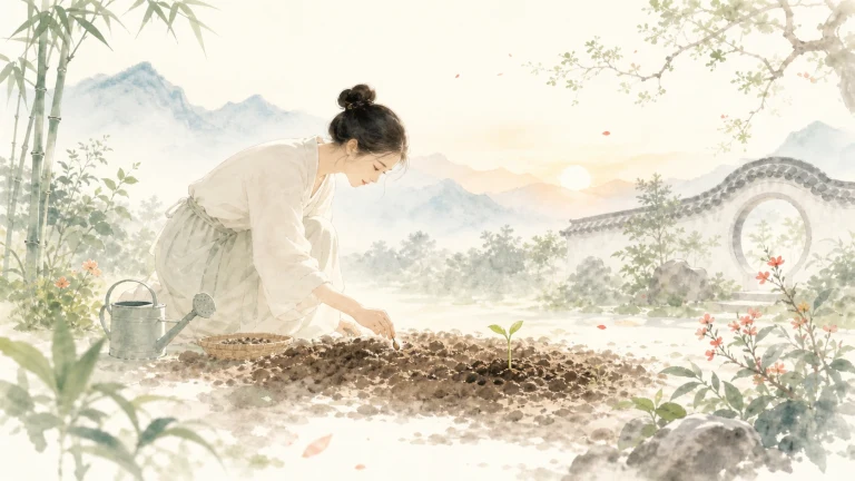 女子蹲在水彩花园中翻土播种