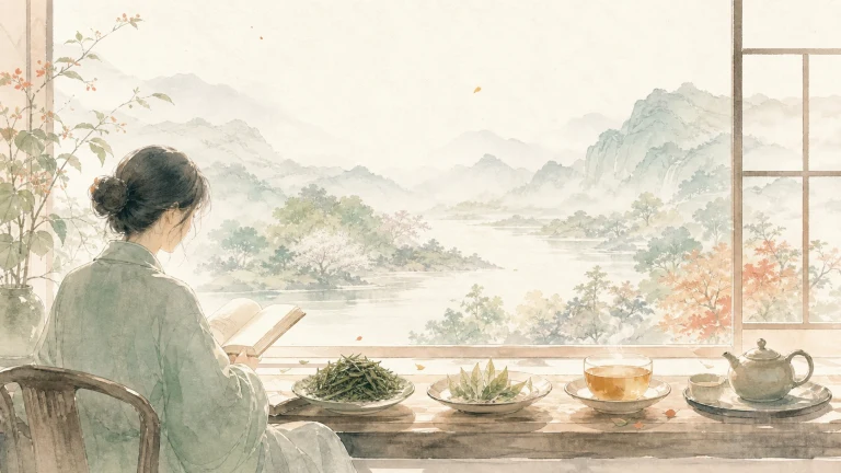 女子坐在水彩山景窗边阅读品茶