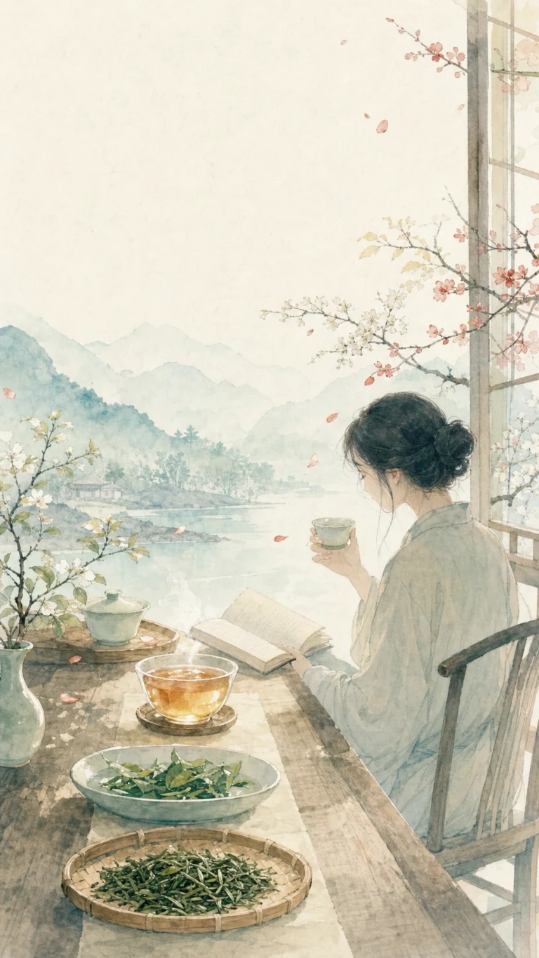 女子在明亮窗前查看书页，桌上摆着茶与谷物