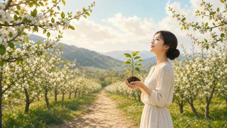 女子手捧幼苗站在阳光果园小径