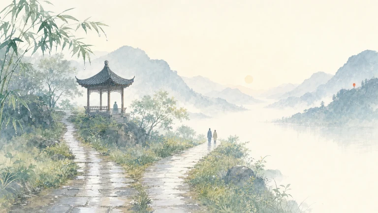 水彩石路在山湖边分岔，一侧通往亭阁
