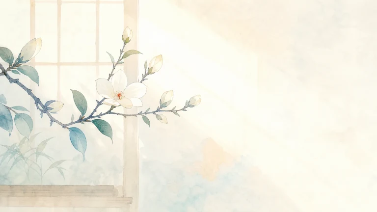 白色花枝伸向洒满阳光的窗前