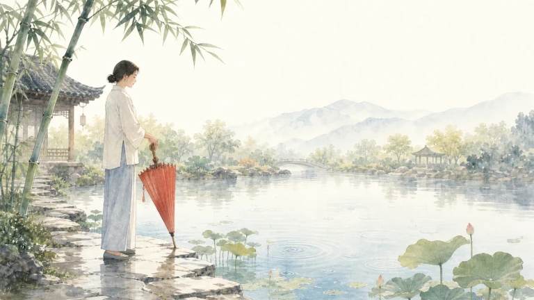 女子持红伞站在水彩荷塘边眺望群山