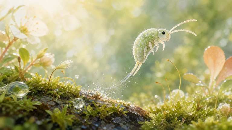 浅绿色小虫从湿润苔藓间跃起