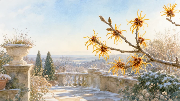 橙黄色细瓣花朵绽放在雪后庭院枝头