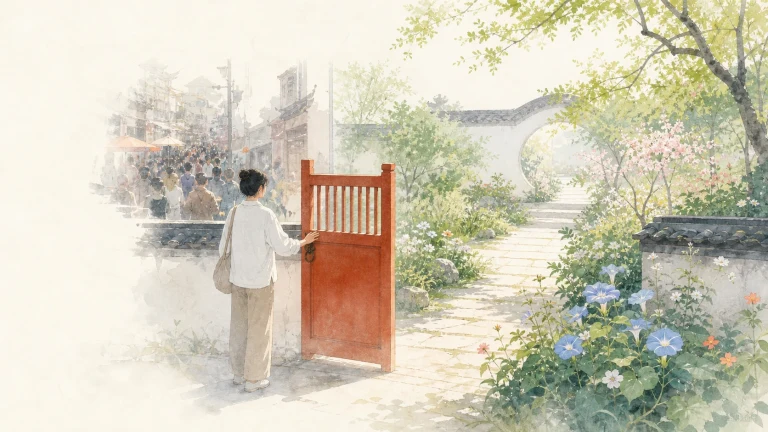 行人推开红色院门走向花园石径