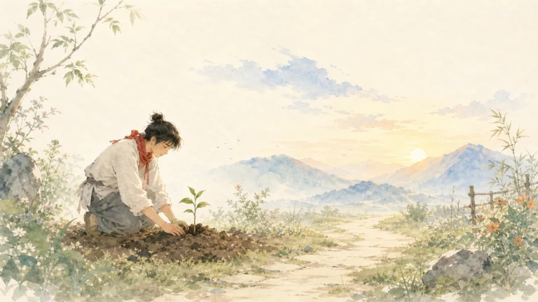 女子蹲在山间小路旁栽种幼苗