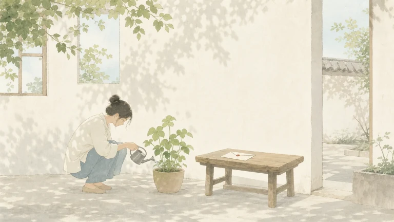 女子在树影斑驳的白墙院中给盆栽浇水