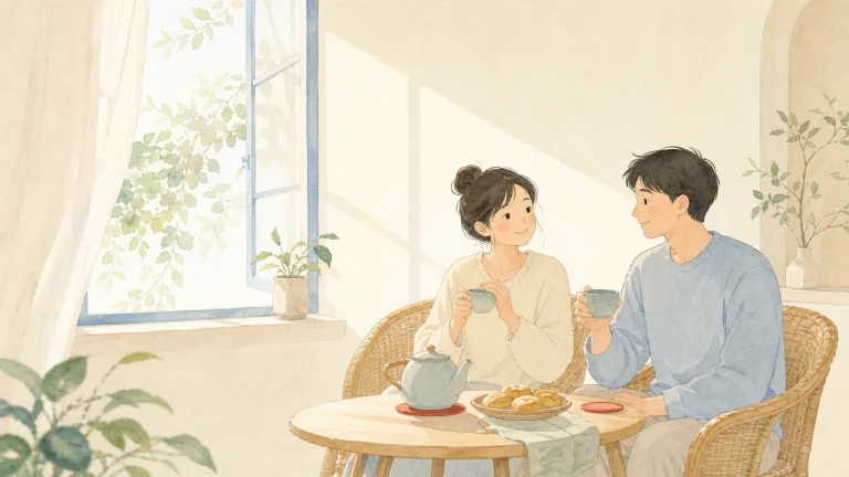 一对男女坐在阳光窗边喝茶交谈