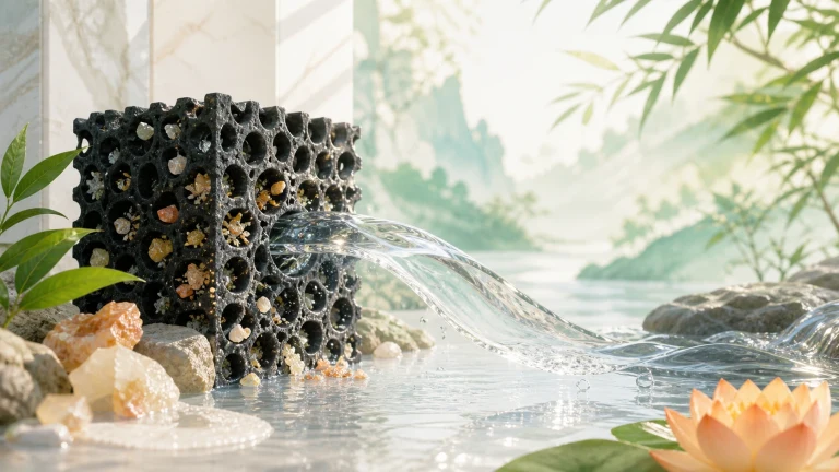 水流穿过嵌有彩石的黑色蜂窝方块汇入浅池