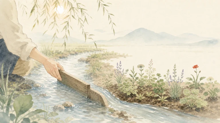 一只手用木板引导溪水流入水彩香草园