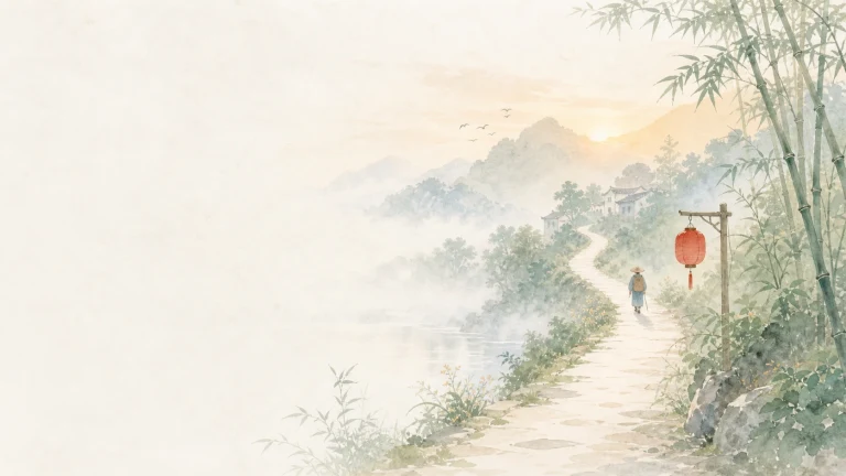 行人沿挂着红灯笼的竹林山路走向夕阳