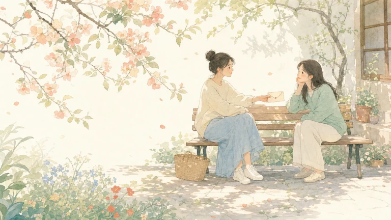 两名女子坐在花树下的长椅上交谈