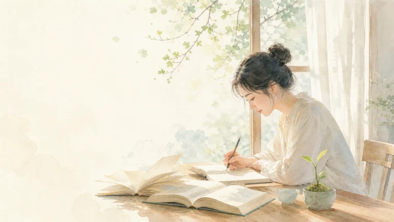 女子坐在明亮窗边的书桌前阅读书写