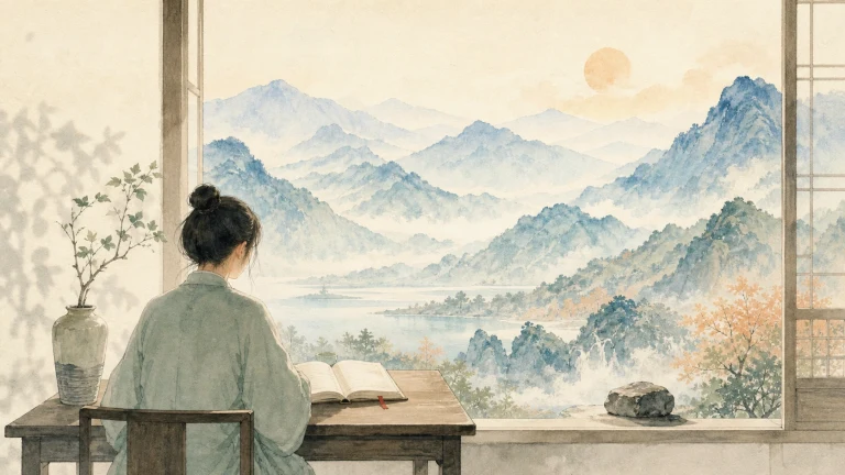 女子坐在敞窗书桌前阅读并眺望水墨群山