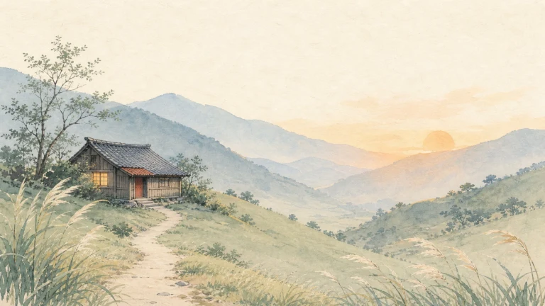 亮着灯的小木屋坐落在夕阳山谷的弯曲小路旁