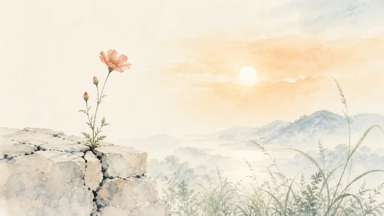 一株粉花从山崖边开裂的石块中生长