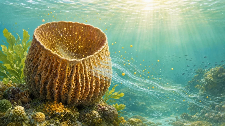 桶状海绵在清澈海水中吸入漂浮的细小颗粒