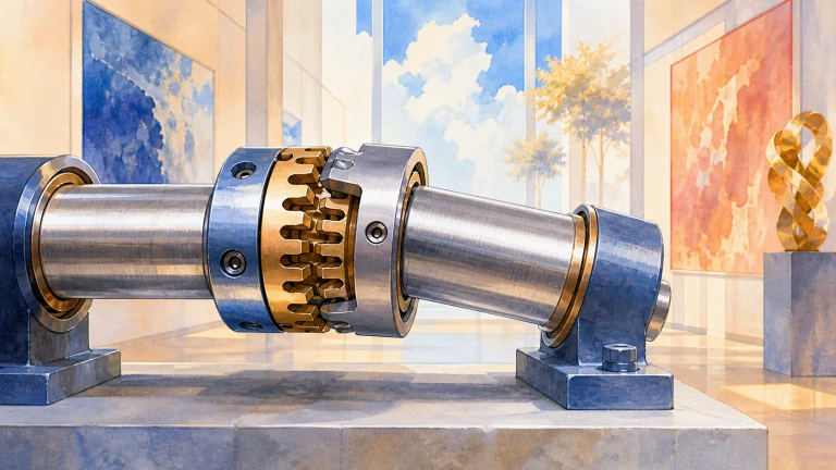 两段金属转轴通过齿形联轴器在展台上连接